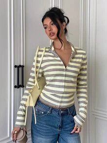 Siren Gaze Autumn/Winter New Cream Yellow Striped Stand Collar Cardigan For Women School Casual Preppy - Yellow - View 6