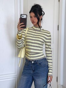 Siren Gaze Autumn/Winter New Cream Yellow Striped Stand Collar Cardigan For Women School Casual Preppy - Yellow - View 4