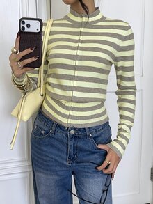 Siren Gaze Autumn/Winter New Cream Yellow Striped Stand Collar Cardigan For Women School Casual Preppy - Yellow - View 10