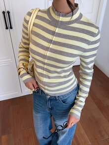 Siren Gaze Autumn/Winter New Cream Yellow Striped Stand Collar Cardigan For Women School Casual Preppy - Yellow - View 5