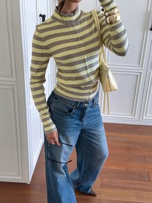 Siren Gaze Autumn/Winter New Cream Yellow Striped Stand Collar Cardigan For Women School Casual Preppy - Yellow - View 7