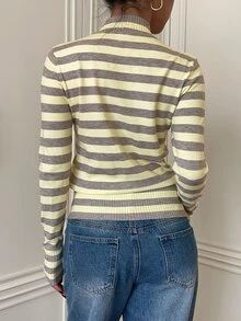 Siren Gaze Autumn/Winter New Cream Yellow Striped Stand Collar Cardigan For Women School Casual Preppy - Yellow - View 2