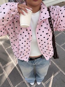 Muchica Plus Size Sweet Casual Cute Cute Fashion Polka Dot Long Sleeve Pocket Jacket Autumn Fall - Pink - View 5