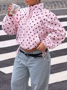 Muchica Plus Size Sweet Casual Cute Cute Fashion Polka Dot Long Sleeve Pocket Jacket Autumn Fall - Pink - View 4