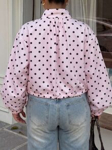 Muchica Plus Size Sweet Casual Cute Cute Fashion Polka Dot Long Sleeve Pocket Jacket Autumn Fall - Pink - View 3