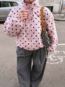 Muchica Plus Size Sweet Casual Cute Cute Fashion Polka Dot Long Sleeve Pocket Jacket Autumn Fall - Pink - View 2