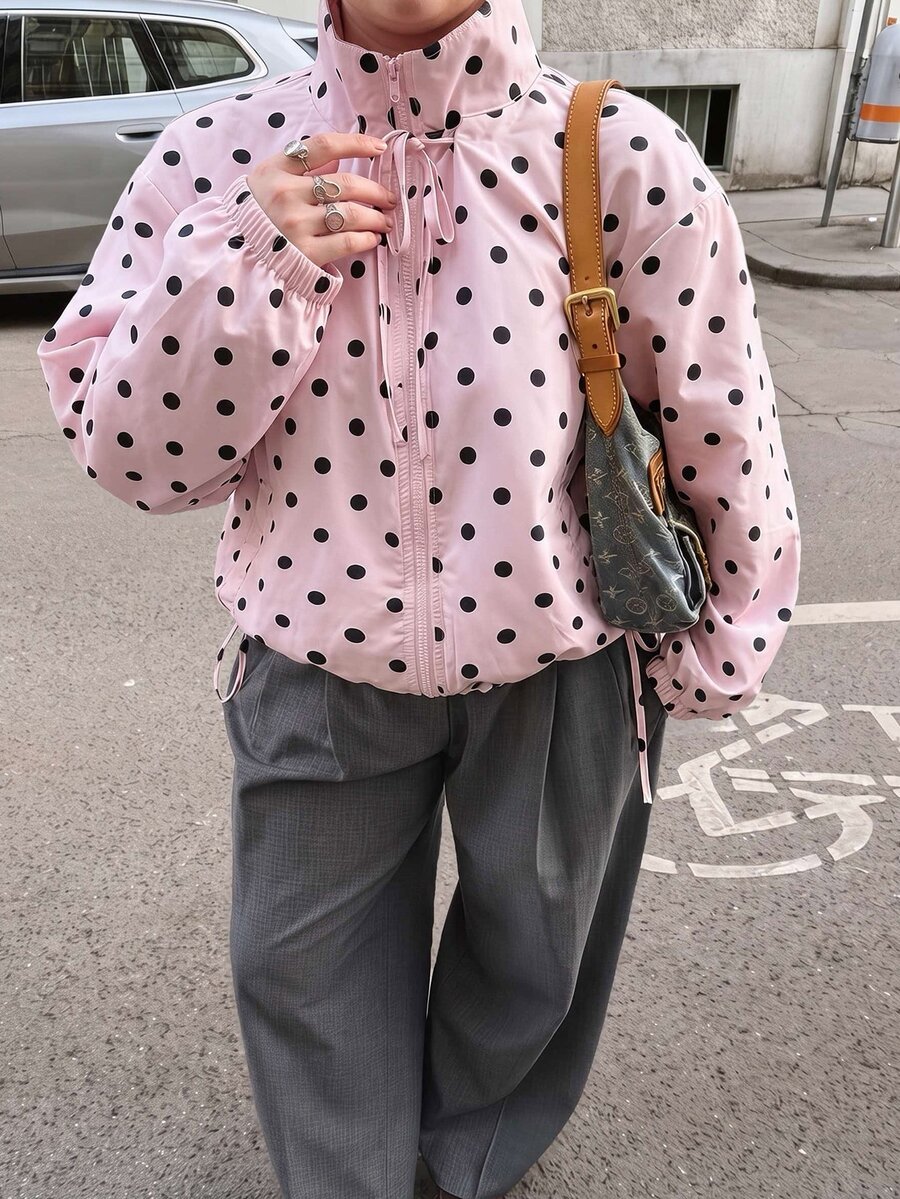 Muchica Plus Size Sweet Casual Cute Cute Fashion Polka Dot Long Sleeve Pocket Jacket Autumn Fall