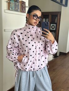 Muchica Plus Size Sweet Casual Cute Cute Fashion Polka Dot Long Sleeve Pocket Jacket Autumn Fall - Pink - View 7