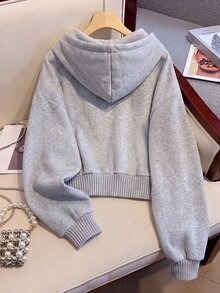 EMERY ROSE Women's Solid Color Long Sleeve Casual Basic Drawstring Sweatshirt School Grey Autumn Everyday - Light Grey - View 2