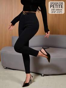 SHEIN PETITE 女款高腰金屬扣緊身長褲，黑色配金，冬季優雅正式辦公通勤褲，適合派對、婚禮、情人節、度假，小個子女性適用 - 黑色 - 查看 10