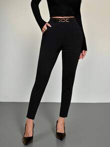 SHEIN PETITE 女款高腰金屬扣緊身長褲，黑色配金，冬季優雅正式辦公通勤褲，適合派對、婚禮、情人節、度假，小個子女性適用 - 黑色 - 查看 8