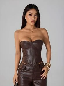 SHEIN PETITE 女款棕色時尚派對PU平口短版上衣，皮革束腰上衣，適合夜店、夏季、萬聖節、聖誕節、新年，適合嬌小女性 - 酒紅色 - 查看 10