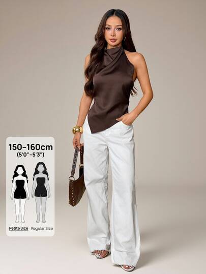 SHEIN PETITE Women's Sexy Backless Halter Neck Top, Elegant For Party Night, Commute And Vacation, Summer,Summer Top,Petite Women Brown