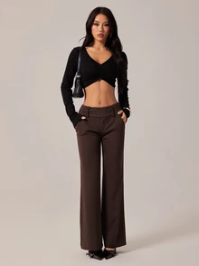 SHEIN PETITE 女款時尚休閒復古口袋喇叭褲，復古風格，商務休閒女裝，外出穿搭，返校季，巧克力色喇叭褲，休閒褲，復古褲，秋季 - 棕色 - 查看 7