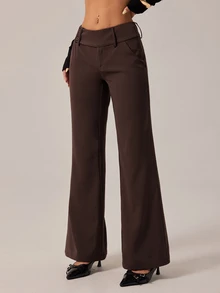 SHEIN PETITE 女款時尚休閒復古口袋喇叭褲，復古風格，商務休閒女裝，外出穿搭，返校季，巧克力色喇叭褲，休閒褲，復古褲，秋季 - 棕色 - 查看 8
