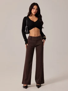SHEIN PETITE 女款時尚休閒復古口袋喇叭褲，復古風格，商務休閒女裝，外出穿搭，返校季，巧克力色喇叭褲，休閒褲，復古褲，秋季 - 棕色 - 查看 11