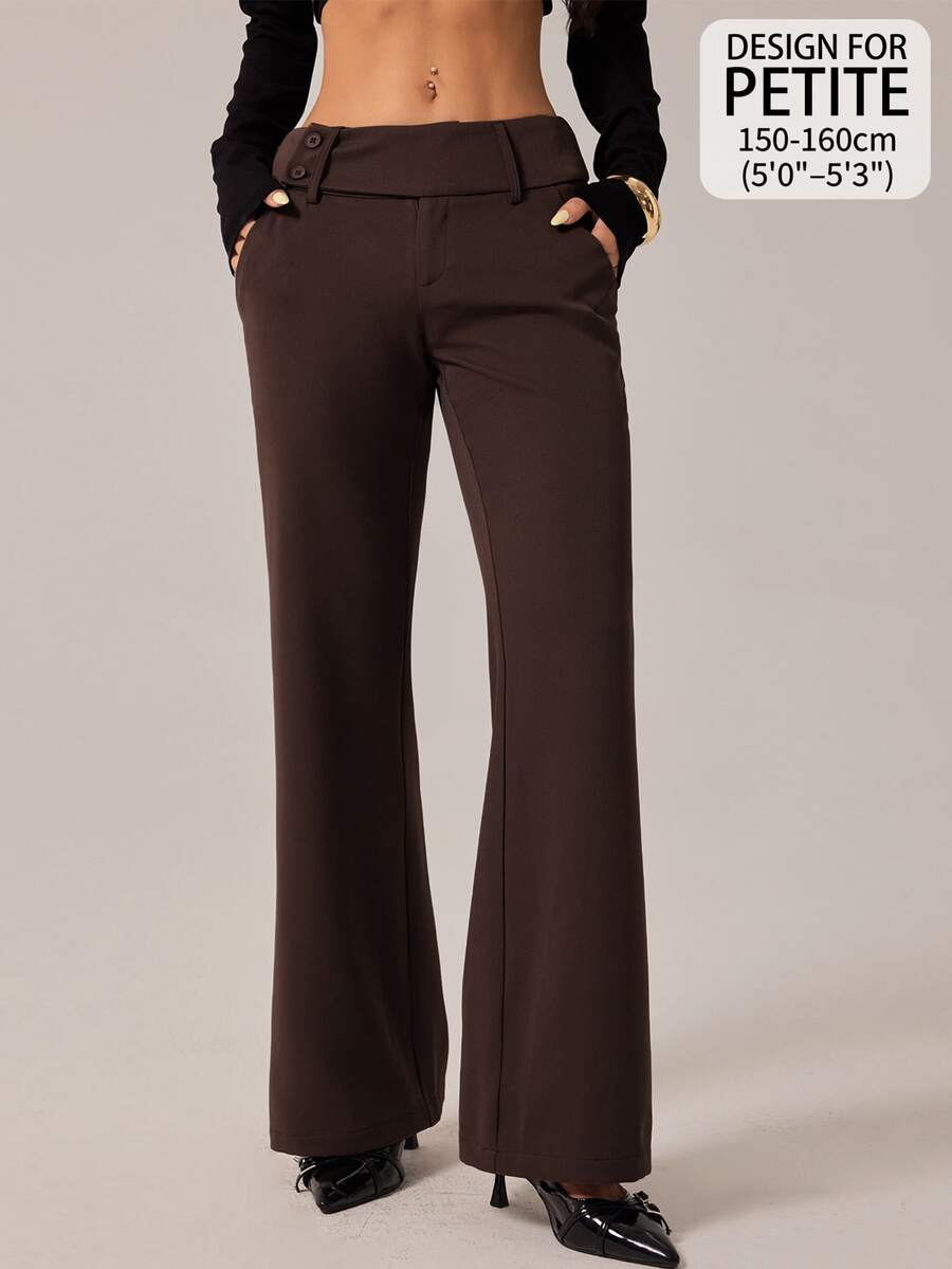 SHEIN PETITE 女款時尚休閒復古口袋喇叭褲，復古風格，商務休閒女裝，外出穿搭，返校季，巧克力色喇叭褲，休閒褲，復古褲，秋季