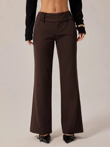 SHEIN PETITE 女款時尚休閒復古口袋喇叭褲，復古風格，商務休閒女裝，外出穿搭，返校季，巧克力色喇叭褲，休閒褲，復古褲，秋季 - 棕色 - 查看 10
