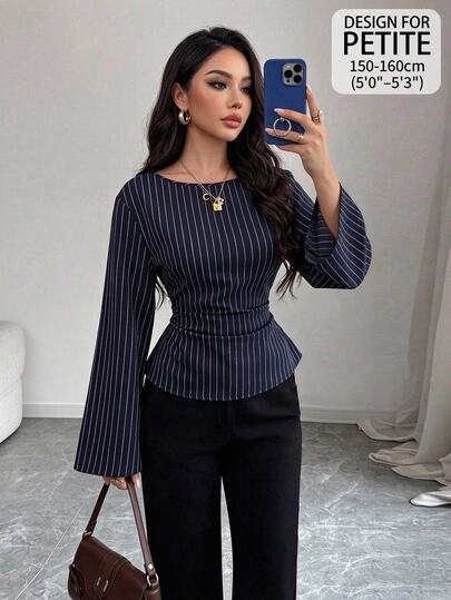 SHEIN PETITE Camisa de manga larga con cuello redondo azul marino de moda casual para mujer para ir al trabajo