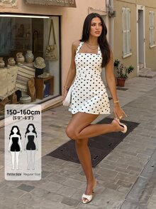 SHEIN PETITE 波點圖案女款掛脖迷你洋裝，適合嬌小女性 - 彩色 - 查看 9