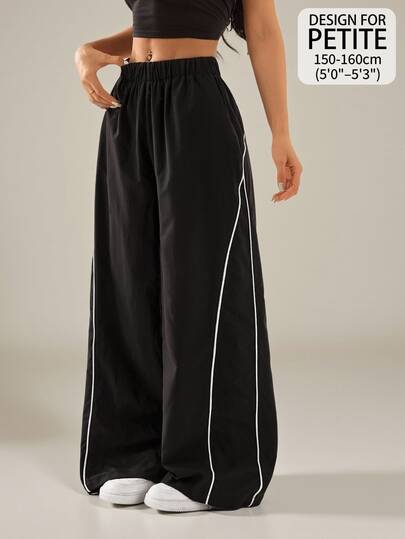 SHEIN PETITE 女款秋冬街頭風復古節慶外出返校基本日常穿搭必備黑色寬腿褲，適合嬌小女性