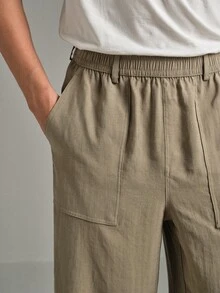 Calmiston Men's Drawstring Waist Striped Pocket Straight Leg Loose Fit Pants Solid Color Button Pleated Casual Versatile Daily Wear Office Pants - Green - View 5