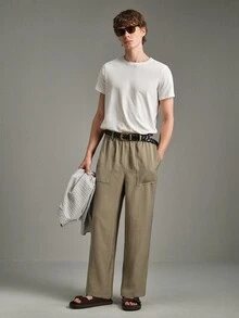 Calmiston Men's Drawstring Waist Striped Pocket Straight Leg Loose Fit Pants Solid Color Button Pleated Casual Versatile Daily Wear Office Pants - Green - View 4