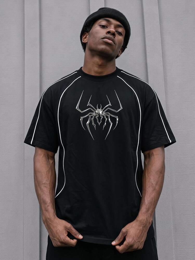Gym Rark Men's Casual Spider Pattern Print Striped Short Sleeve Sports T-Shirt, Gym - Black - View 3