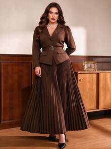 Auvina Women's Plus Size Brown 2 Pieces Set, 3/4 Sleeve Blazer And Pleated Long Skirt, Elegant Commuter Outfit For Fall, Cocktail Party Formal Dinner - Chocolate Brown - View 7
