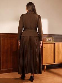 Auvina Women's Plus Size Brown 2 Pieces Set, 3/4 Sleeve Blazer And Pleated Long Skirt, Elegant Commuter Outfit For Fall, Cocktail Party Formal Dinner - Chocolate Brown - View 2