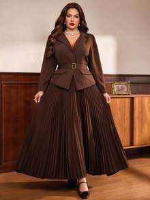 Auvina Women's Plus Size Brown 2 Pieces Set, 3/4 Sleeve Blazer And Pleated Long Skirt, Elegant Commuter Outfit For Fall, Cocktail Party Formal Dinner - Chocolate Brown - View 5