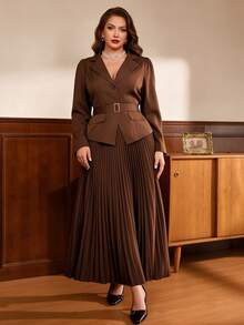 Auvina Women's Plus Size Brown 2 Pieces Set, 3/4 Sleeve Blazer And Pleated Long Skirt, Elegant Commuter Outfit For Fall, Cocktail Party Formal Dinner - Chocolate Brown - View 1