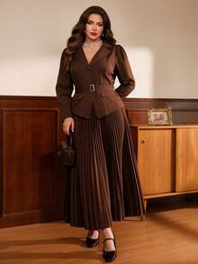 Auvina Women's Plus Size Brown 2 Pieces Set, 3/4 Sleeve Blazer And Pleated Long Skirt, Elegant Commuter Outfit For Fall, Cocktail Party Formal Dinner - Chocolate Brown - View 6