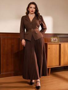 Auvina Women's Plus Size Brown 2 Pieces Set, 3/4 Sleeve Blazer And Pleated Long Skirt, Elegant Commuter Outfit For Fall, Cocktail Party Formal Dinner - Chocolate Brown - View 4