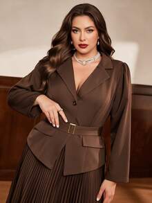 Auvina Women's Plus Size Brown 2 Pieces Set, 3/4 Sleeve Blazer And Pleated Long Skirt, Elegant Commuter Outfit For Fall, Cocktail Party Formal Dinner - Chocolate Brown - View 3