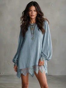 Solivie Women's Loose Short Dress With Lace Patchwork Hem, Autumn New Arrival Elegant Boho Dresses For Women Vacation Dusty Blue - Blue - View 5