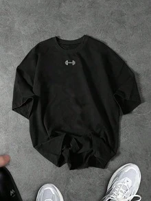 Gym Rark 男士大尺碼槓鈴印花短袖寬鬆版型運動T恤 - 黑色 - 查看 1