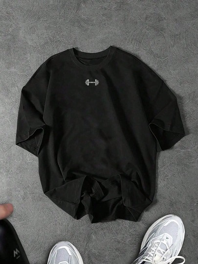 Gym Rark Camiseta deportiva de manga corta con estampado de barra de pesas, talla grande, ajuste holgado para hombres