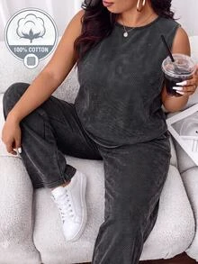 SHEIN CURVE+ 100% Cotton Plus Size Women's Crew Neck Tank Top And Long Pants Casual 2 Pieces Set - Grey - View 1