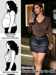 SHEIN Clasi Plus Size Elegant Cowl Neck Long Sleeve T-Shirt - Coffee Brown - View 8