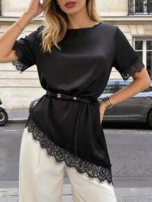 Pariaura Women's New Lace Patchwork Round Neck Short Sleeve Asymmetrical Hem Blouse - Black - View 7