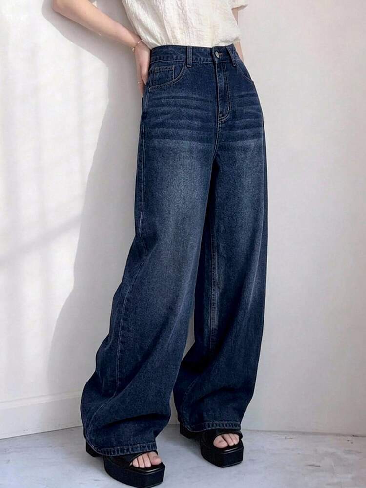 DAZY Women's Loose High Waist Slimming Straight Leg Jeans, Minimalist Versatile Comfortable Floor-Length Pants - Blue - View 7