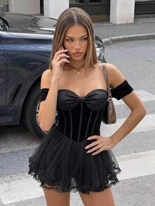 SHEIN ICON Đầm mini ôm sát trễ vai xếp ly bằng lưới - màu đen - Xem 1