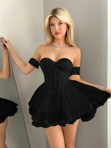 SHEIN ICON Đầm mini ôm sát trễ vai xếp ly bằng lưới - màu đen - Xem 6