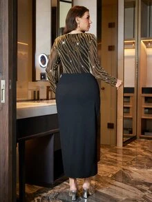 Reflora Plus Size Women's Elegant Long Sleeve Dress With Gold Foil Zebra Print And Split Hem - Black - View 3