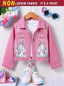 Tween Girl Unicorn Pattern Long Sleeve Single-Breasted Casual Jacket - Pink - View 1