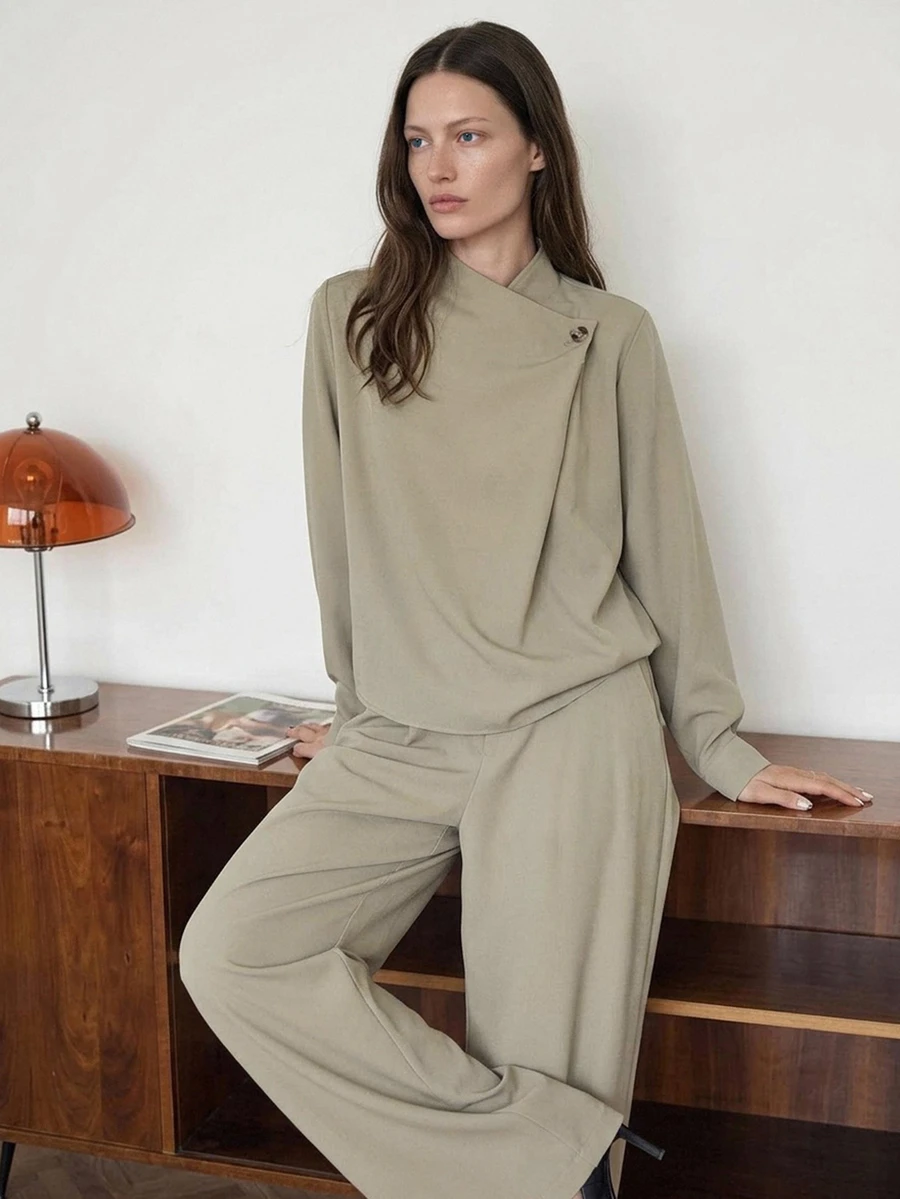 Dazy-Less Women's Autumn Casual Commute Shirt And Pants 2 Pieces Set Business Casual Woman - Khaki - View 1