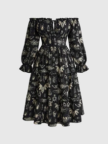 ROMWE Fairycore Plus Size Vintage Romantic Dark Moth Print Off-Shoulder Long Sleeve Women's Dress - Black - View 2