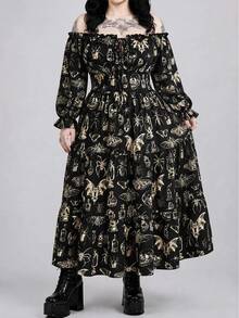 ROMWE Fairycore Plus Size Vintage Romantic Dark Moth Print Off-Shoulder Long Sleeve Women's Dress - Black - View 3