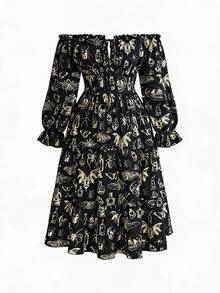 ROMWE Fairycore Plus Size Vintage Romantic Dark Moth Print Off-Shoulder Long Sleeve Women's Dress - Black - View 1